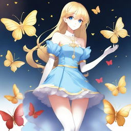 A slender tall anime woman with shoulder-length blonde hair adorned with golden butterfly clips, bright blue eyes with long lashes, and beautiful red lips