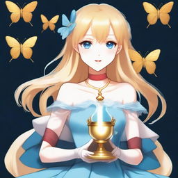 A slender tall anime woman with shoulder-length blonde hair adorned with golden butterfly clips, bright blue eyes with long lashes, and beautiful red lips