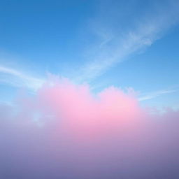 Create a serene landscape featuring a blue sky with a soft pink mist