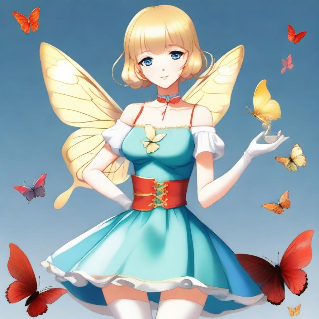 A slender tall anime woman with short blonde hair adorned with golden butterfly clips, bright blue eyes with long lashes, and beautiful red lips