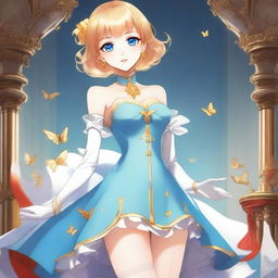 A slender tall anime woman with short blonde hair adorned with golden butterfly clips, bright blue eyes with long lashes, and beautiful red lips