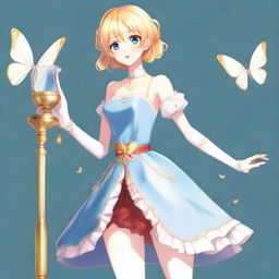 A slender tall anime woman with short blonde hair adorned with golden butterfly clips, bright blue eyes with long lashes, and beautiful red lips