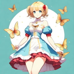 A slender tall anime woman with short blonde hair adorned with golden butterfly clips, bright blue eyes with long lashes, and beautiful red lips