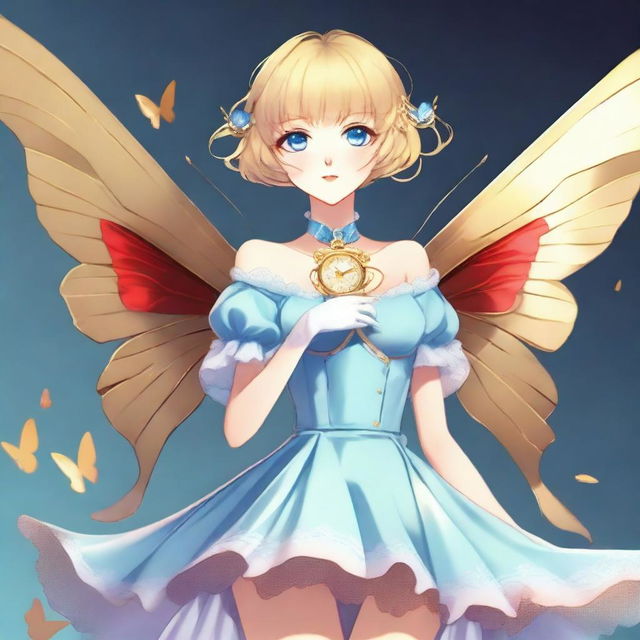 A slender tall anime woman with short blonde hair adorned with golden butterfly clips, bright blue eyes with long lashes, and beautiful red lips