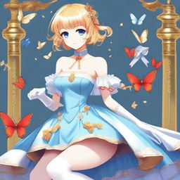 A slender tall anime woman with short blonde hair adorned with golden butterfly clips, bright blue eyes with long lashes, and beautiful red lips