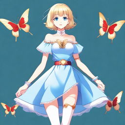 A slender tall anime woman with short blonde hair adorned with golden butterfly clips, bright blue eyes with long lashes, and beautiful red lips