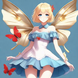 A slender tall anime woman with short blonde hair adorned with golden butterfly clips, bright blue eyes with long lashes, and beautiful red lips