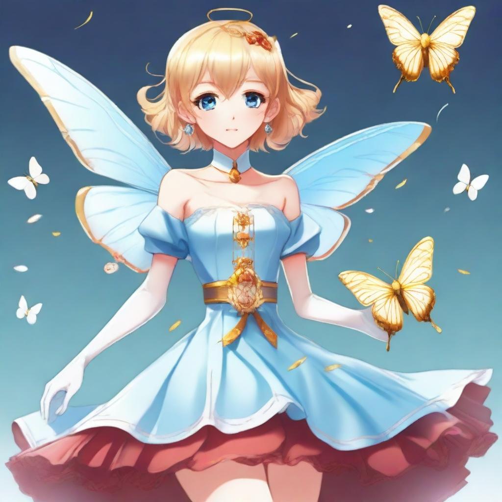 A slender tall anime woman with short blonde hair adorned with golden butterfly clips, bright blue eyes with long lashes, and beautiful red lips