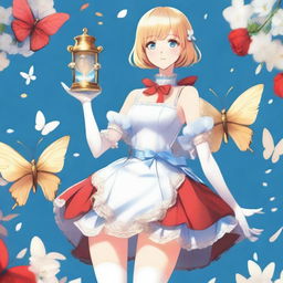 A slender tall anime woman with short blonde hair adorned with golden butterfly clips, bright blue eyes with long lashes, and beautiful red lips