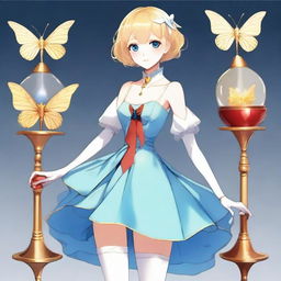 A slender tall anime woman with short blonde hair adorned with golden butterfly clips, bright blue eyes with long lashes, and beautiful red lips