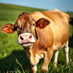 A chubby cow standing in a green pasture