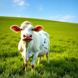 A chubby cow standing in a green pasture