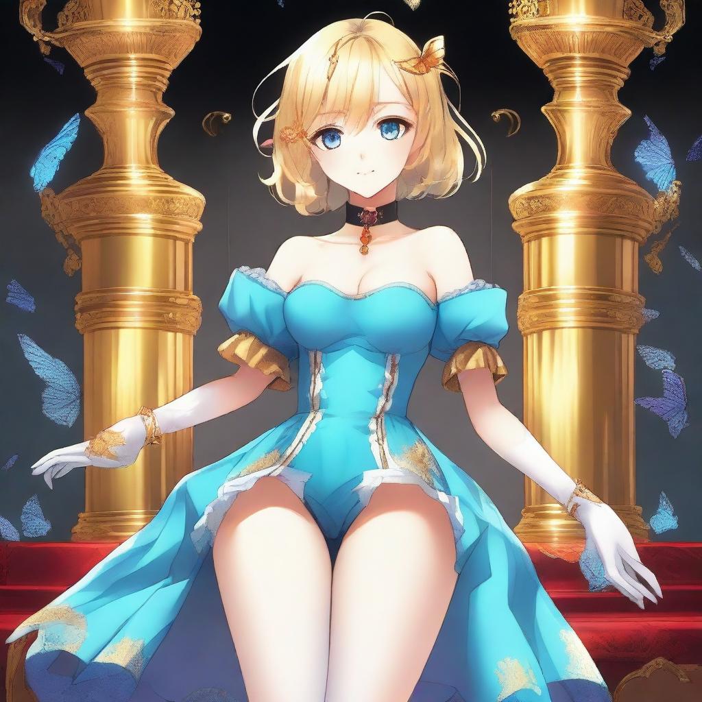 A slender tall anime woman with short blonde hair adorned with golden butterfly clips, bright blue eyes with long lashes, and beautiful red lips