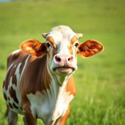 A chubby cow standing in a green pasture