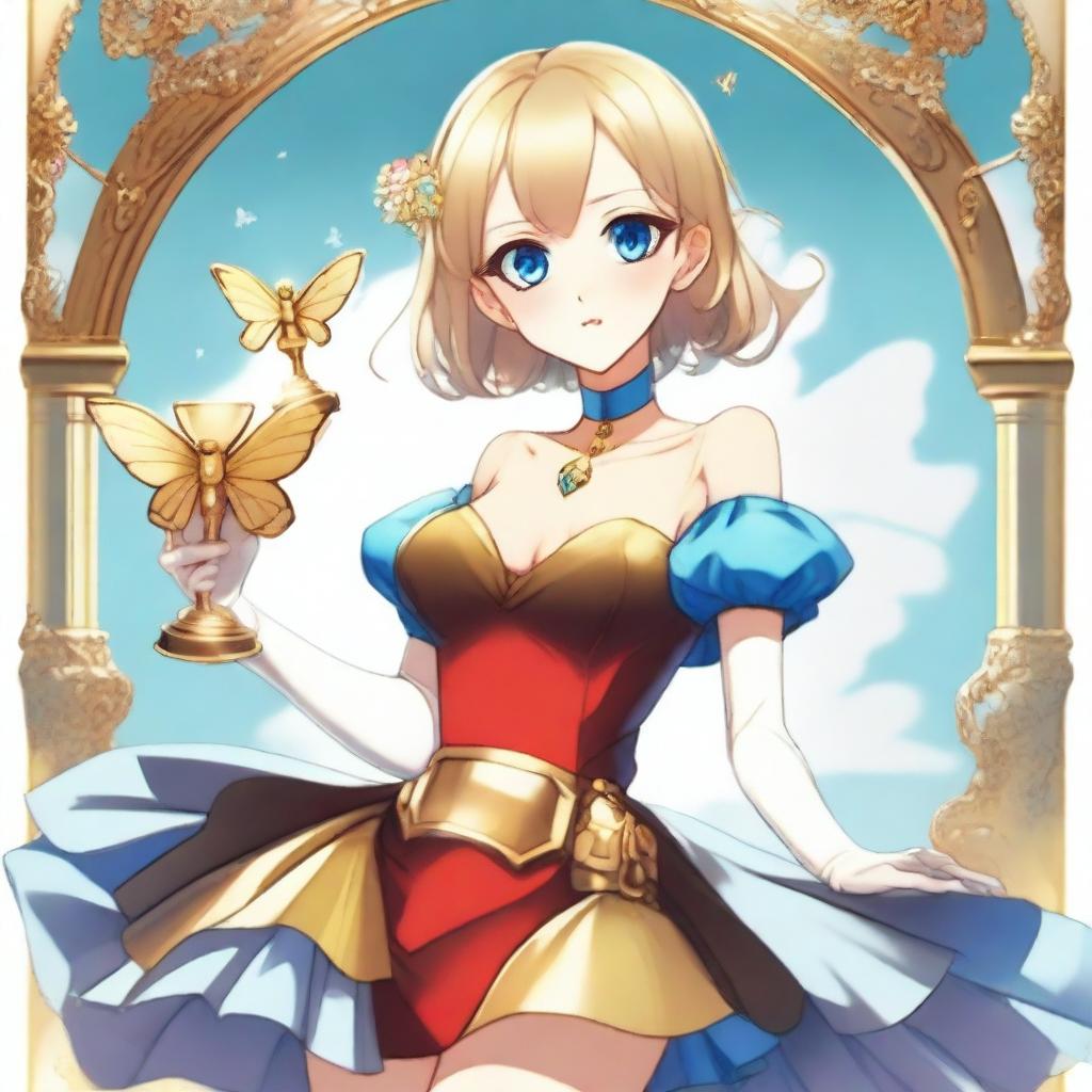 A slender tall anime woman with short blonde hair adorned with golden butterfly clips, bright blue eyes with long lashes, and beautiful red lips