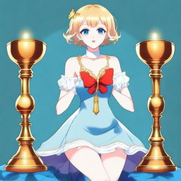 A slender tall anime woman with short blonde hair adorned with golden butterfly clips, bright blue eyes with long lashes, and beautiful red lips