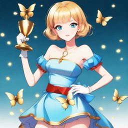 A slender tall anime woman with short blonde hair adorned with golden butterfly clips, bright blue eyes with long lashes, and beautiful red lips