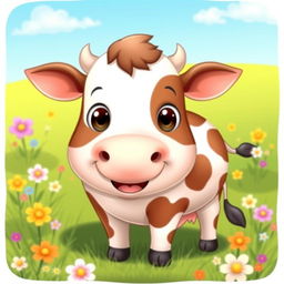 A cute cartoon of a fat cow with a cheerful expression, standing in a green meadow with colorful flowers and a bright blue sky