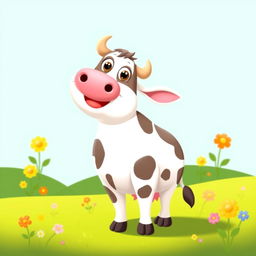 A cute cartoon of a fat cow with a cheerful expression, standing in a green meadow with colorful flowers and a bright blue sky