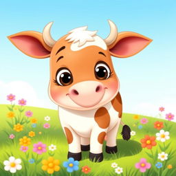 A cute cartoon of a fat cow with a cheerful expression, standing in a green meadow with colorful flowers and a bright blue sky