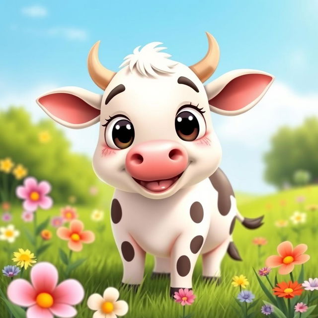 A cute cartoon of a fat cow with a cheerful expression, standing in a green meadow with colorful flowers and a bright blue sky