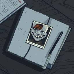 A pixel art image of an open diary lying on a wooden table