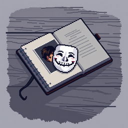 A pixel art image of an open diary lying on a wooden table