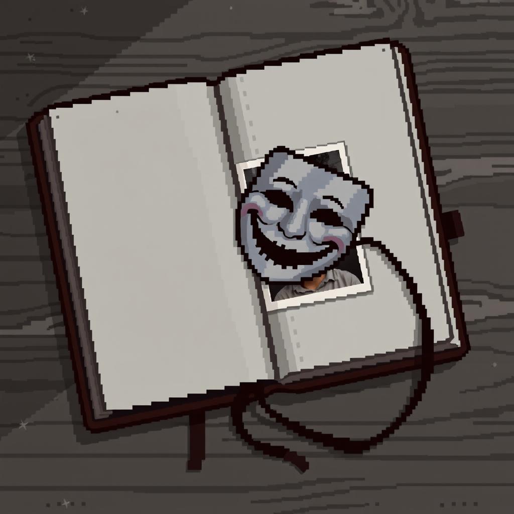 A pixel art image of an open diary lying on a wooden table