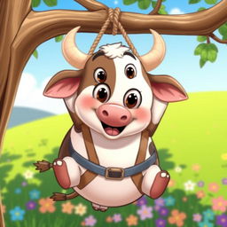 A cute cartoon of a fat cow with a cheerful expression, hanging from a tree branch by a rope harness in a playful manner