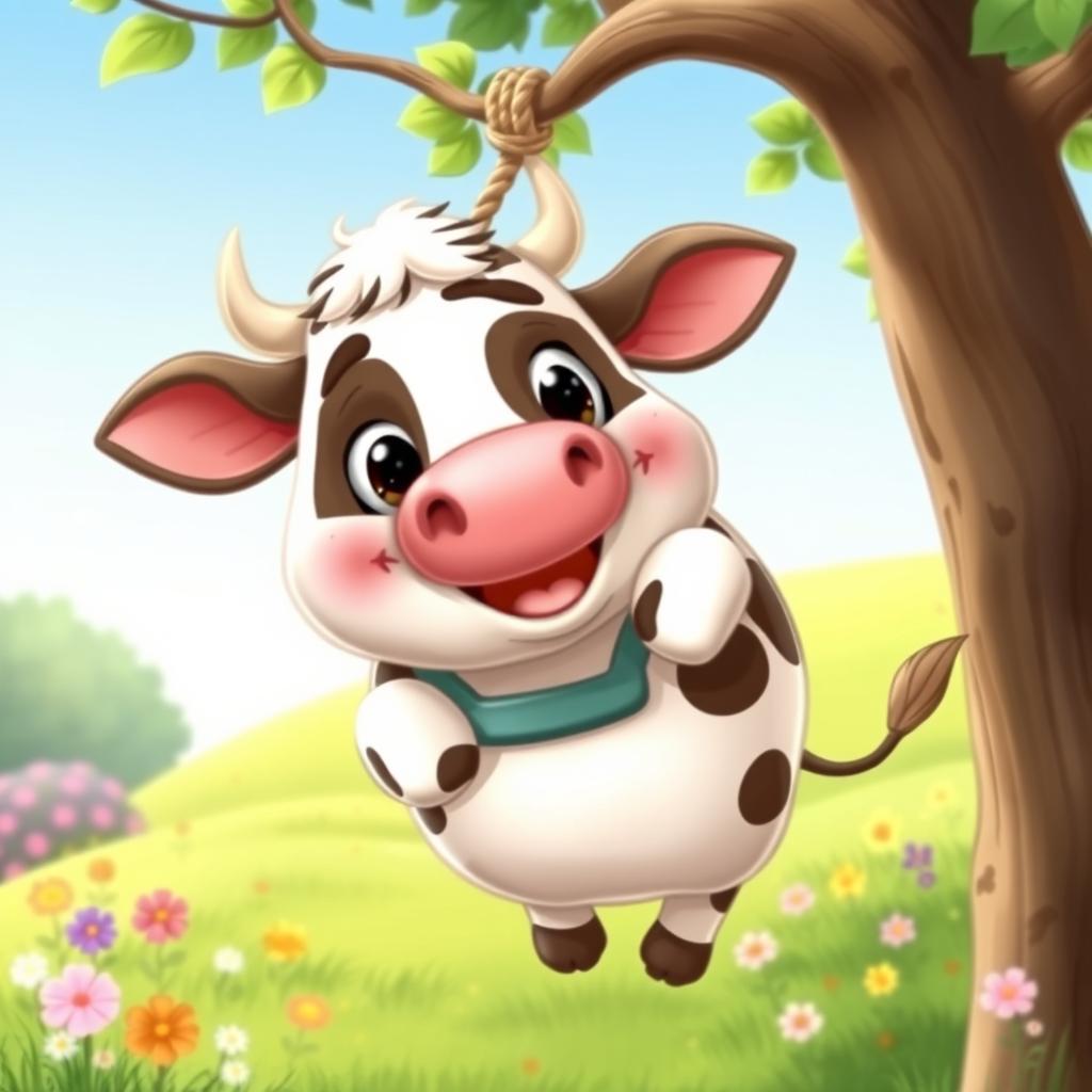 A cute cartoon of a fat cow with a cheerful expression, hanging from a tree branch by a rope harness in a playful manner