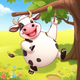 A cute cartoon of a fat cow with a cheerful expression, hanging from a tree branch by a rope harness in a playful manner