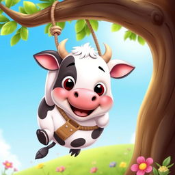 A cute cartoon of a fat cow with a cheerful expression, hanging from a tree branch by a rope harness in a playful manner