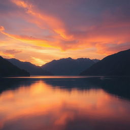 A serene landscape featuring a beautiful sunset over a calm lake surrounded by mountains