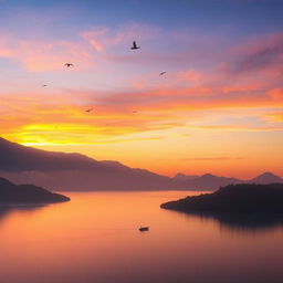 A serene landscape featuring a beautiful sunset over a calm lake surrounded by mountains