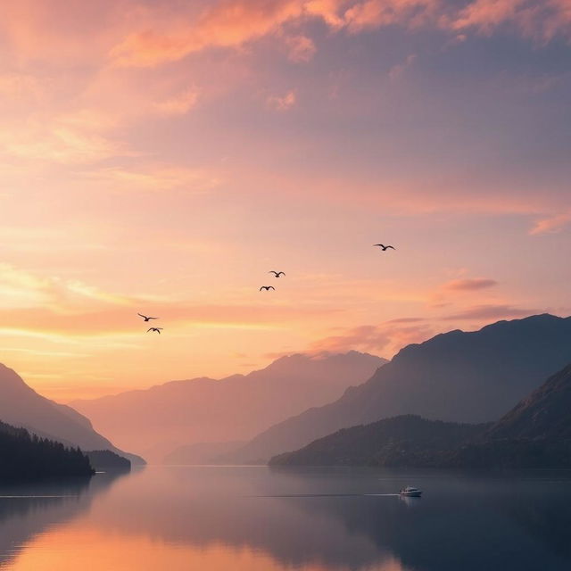 A serene landscape featuring a beautiful sunset over a calm lake surrounded by mountains