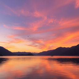 A serene landscape featuring a beautiful sunset over a calm lake surrounded by mountains