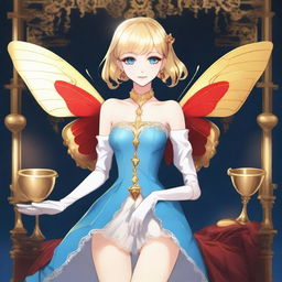 A slender tall anime woman with short blonde hair and golden butterfly clips, bright blue eyes with long lashes, and beautiful red lips