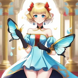 A slender tall anime woman with short blonde hair and golden butterfly clips, bright blue eyes with long lashes, and beautiful red lips