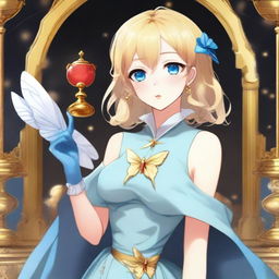 A slender tall anime woman with short blonde hair and golden butterfly clips, bright blue eyes with long lashes, and beautiful red lips