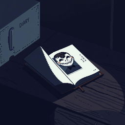 A pixel art image of an open diary on a dimly lit wooden table