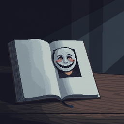 A pixel art image of an open diary on a dimly lit wooden table