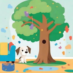 Portada infantil que muestra un perrito enjaulado detrás de un árbol