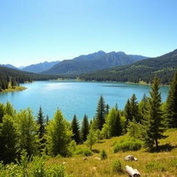 Create a beautiful landscape featuring a serene lake surrounded by lush green trees and mountains in the background under a clear blue sky