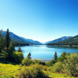 Create a beautiful landscape featuring a serene lake surrounded by lush green trees and mountains in the background under a clear blue sky