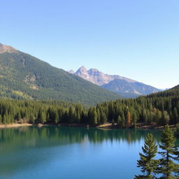 Create a beautiful landscape featuring a serene lake surrounded by lush green trees and mountains in the background under a clear blue sky