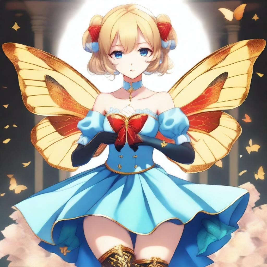 A slender tall anime woman with short blonde hair adorned with golden butterfly clips, bright blue eyes with long lashes, and beautiful red lips