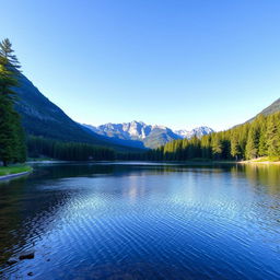 Create a beautiful landscape featuring a serene lake surrounded by lush green trees and mountains in the background under a clear blue sky