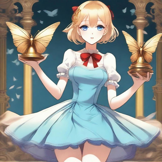 A slender tall anime woman with short blonde hair adorned with golden butterfly clips, bright blue eyes with long lashes, and beautiful red lips