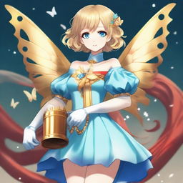 A slender tall anime woman with short blonde hair adorned with golden butterfly clips, bright blue eyes with long lashes, and beautiful red lips