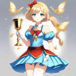 A slender tall anime woman with short blonde hair adorned with golden butterfly clips, bright blue eyes with long lashes, and beautiful red lips